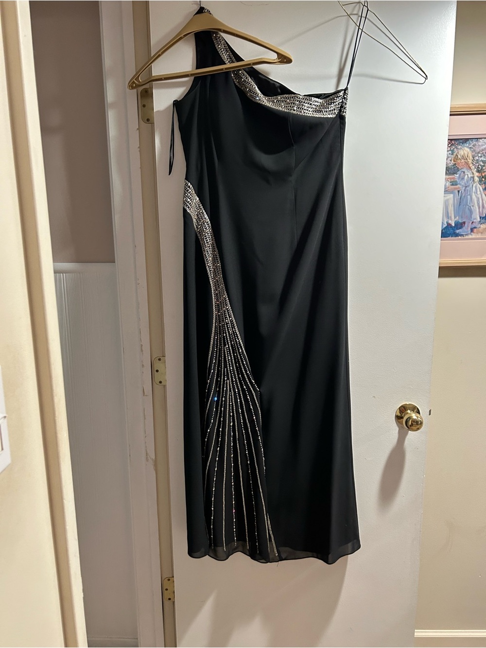 Aspeed Black One-Shoulder Evening Dress with Silver Beaded Accents